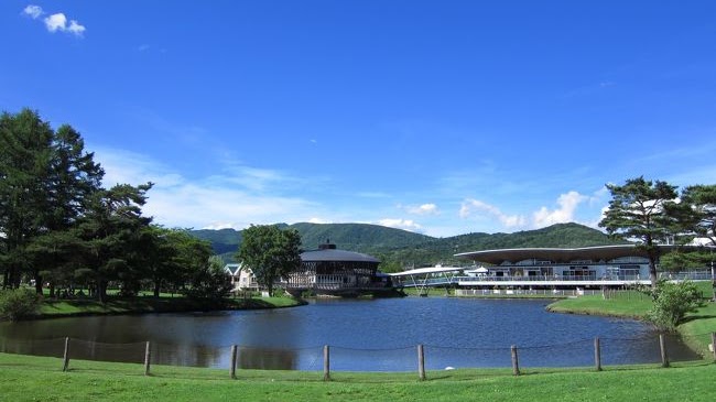 湖畔の芝生と建物の景色